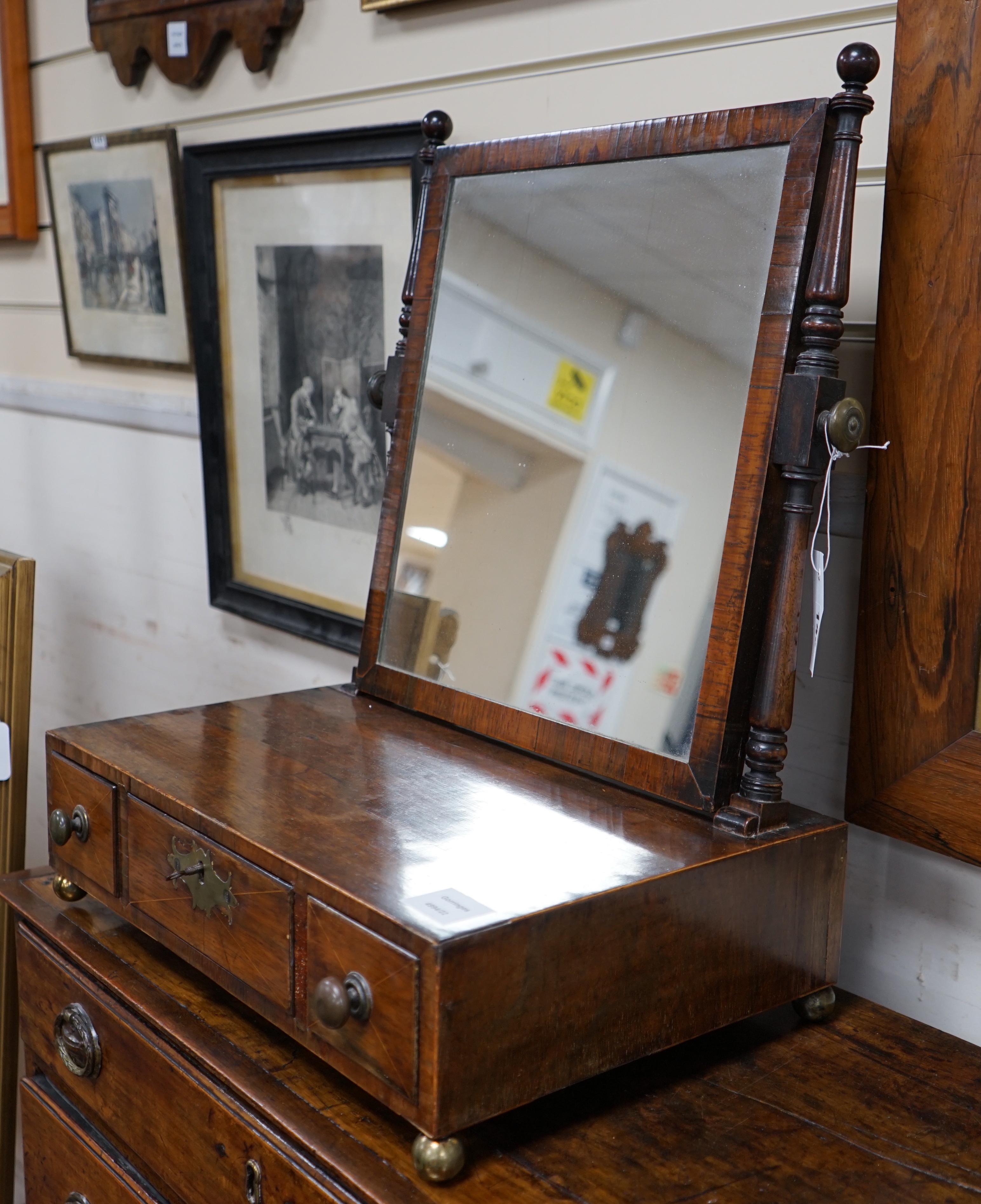 A Regency mahogany toilet mirror, width 46cm depth 30cm height 57cm